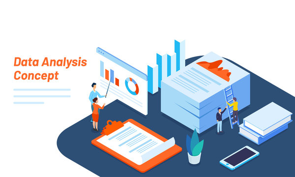Isometric illustration of tiny business people maintain or analysis the data for Data Analysis concept based responsive web template design.