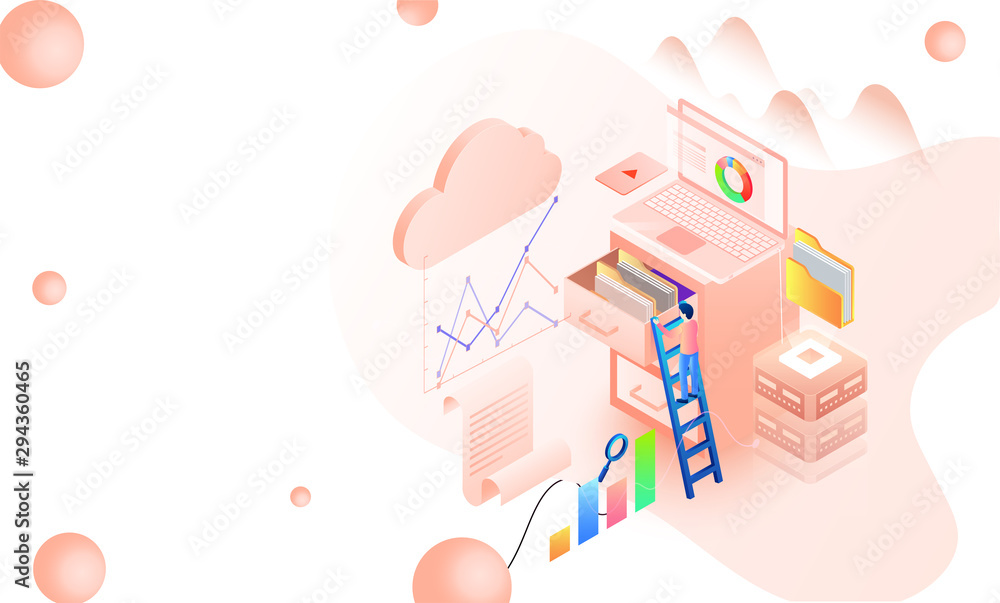 Poster data manage concept with isometric illustration of laptop connected with web server, man climbing on