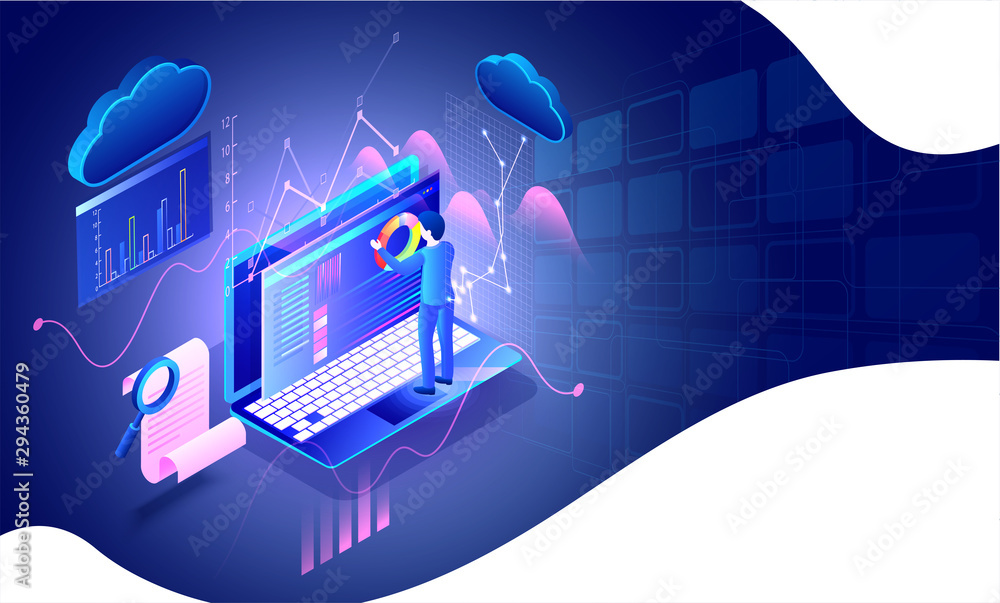 Aufkleber man working with laptop and business equipments and application on shiny blue sci-fi background for 