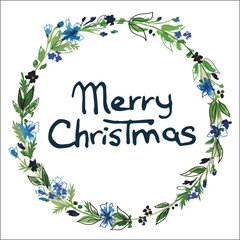 Obraz na płótnie Canvas Christmas wreath with blue fowers and lettering.