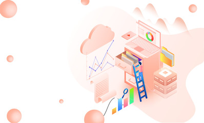 Data manage concept with isometric illustration of laptop connected with web server, man climbing on ladder for folder or data storage.