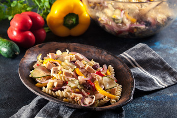 Fusilli pasta salad with smoked turkey