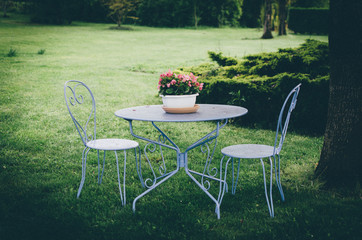 une table et des chaises dans un jardin