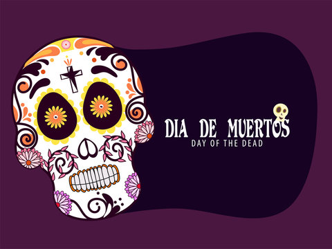 Ornate sugar skull or calavera on purple background with lettering Dia De Muertos in Spanish Language.