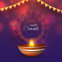 Indian festival celebration greeting card with illustration of illuminated oil lamp (Diya) and mandala design on shiny background.