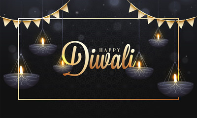 Happy Diwali celebration background decorated with hanging illuminated oil lamps (Diya)and golden party flags.