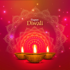 Illuminated, Realistic Earthen Lamps (Diya) with exquisite floral pattern on shiny pink background.