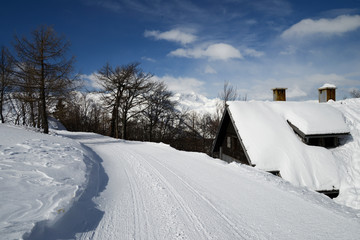 Alpine landsape , road under snow near a house