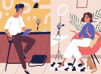 Live streaming, broadcast flat vector illustration. Male and female social media network bloggers collaboration. Vloggers cartoon characters. Interview, podcast, video recording in studio. - obrazy, fototapety, plakaty