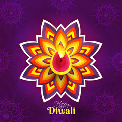 Paper cut style flower with illuminated oil lamp on purple background for Diwali festival celebration greeting card design.
