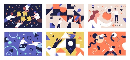 Teamwork flat vector illustrations set. Coworkers characters communication. Team building and business partnership concepts. Businessmen people and geometrical shapes cooperation, collaboration.