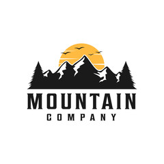 Mountain, outdoor, adventure retro logo with the sun