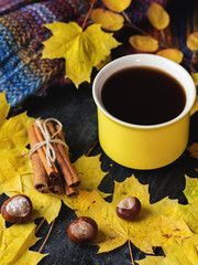 a yellow mug of coffee on the table with yellow autumn leaves and a knitted scarf . cozy home morning
