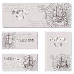 Old caravel, vintage sailboat. Sea adventure vector background. Doodles design elements business cards, banners, menu