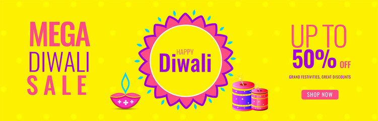 Mega Diwali Sale up to 50% discount offer with illustration of firecrackers and oil lamps on yellow background. Website header or banner design.