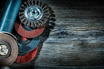 copy space view angle sander and random sanding wheels on vitage wood