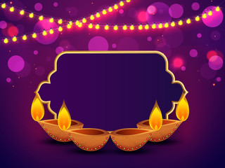 Flat style illuminated oil lamps on purple bokeh background decorated with lighting garland for Diwali festival celebration.