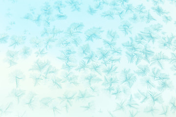 Background from snowflakes and hoarfrost on a window, blue winter, christmas background. Shallow depth of field