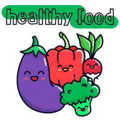 Vector, cartoon, kawaii food. A set of vegetables, eggplant, bulgarian pepper, radish, broccoli. Lettering 