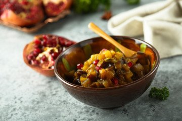 Roasted eggplant appetizer with pomegranate seeds