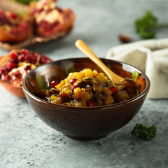Roasted eggplant appetizer with pomegranate seeds