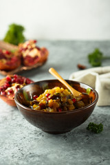Roasted eggplant appetizer with pomegranate seeds