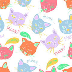 Fototapeta premium Hand drawn vector seamless pattern of cute cats head. Meowing and purring cat collection. Flat style. For textille, wallpapers, wrapping