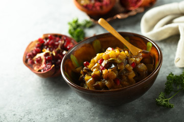 Roasted eggplant appetizer with pomegranate seeds
