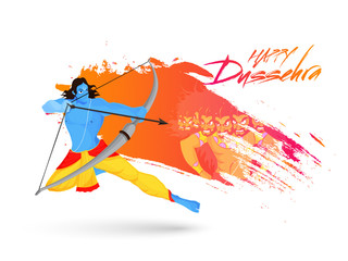 Happy Dussehra greeting card design, Hindu Mythological Lord Rama taking an aim against Demon Ravana on abstract background.