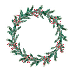 Fototapeta na wymiar christmas wreath on white background with red berries