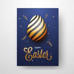 Happy Easter greeting card design with illustration of golden egg on blue confetti background.