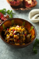 Roasted eggplant appetizer with pomegranate seeds