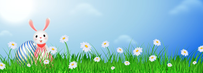 Illustration of bunny with easter egg on sunny weather background for Happy Easter header or banner design.