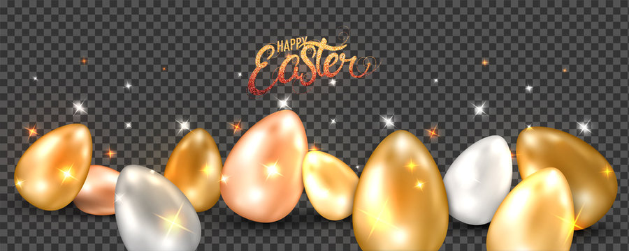 Colorful realistic easter eggs on black transparent background happy easter header or banner design.