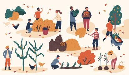 Autumn season harvest gathering flat vector illustration. Farmers working in field, stacking hay. Fruits and vegetables crop collecting. Scenes with gardeners and agricultural and farm workers.