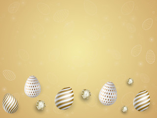 Glossy golden easter celebration background with illustration of realistic eggs.