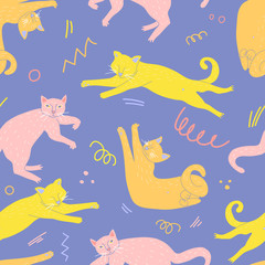 Hand drawn seamless pattern of cute cats. Lazy cats collection. Flat style. For textille, wallpapers, wrapping