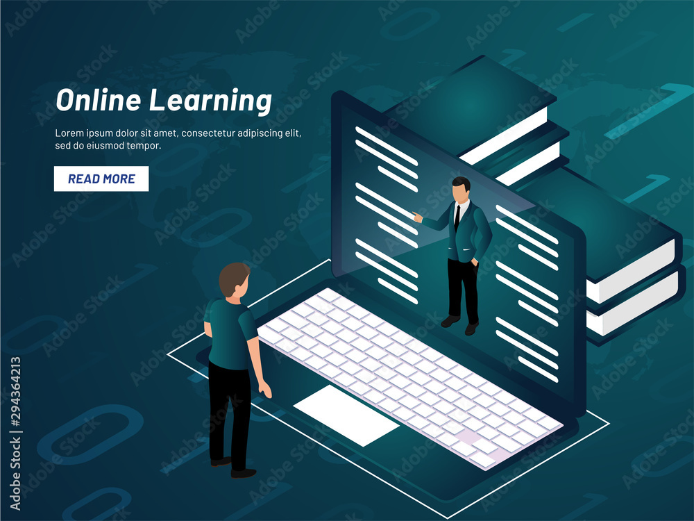 Wall mural Responsive landing page design with boy learning online through laptop for Online Learning concept.