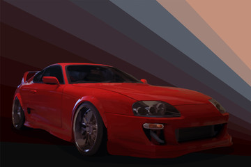 Naklejka premium Cartoon japan tuned car on red sun background. Back view. Vector illustration.