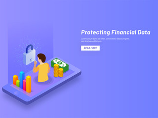 Businessman secure his monetary data on smartphone screen, web template design for Protecting Financial Data concept based isometric design.