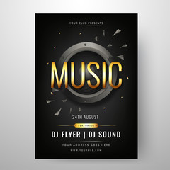 Music party template or flyer design with time, date and venue details.