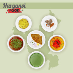 Set of Haryanvi food on green state map background.