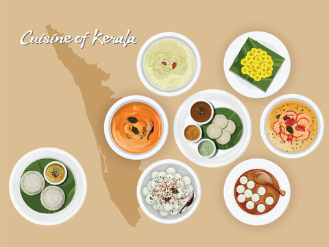 Top view of Kerala cuisine set with illustration of brown state map.