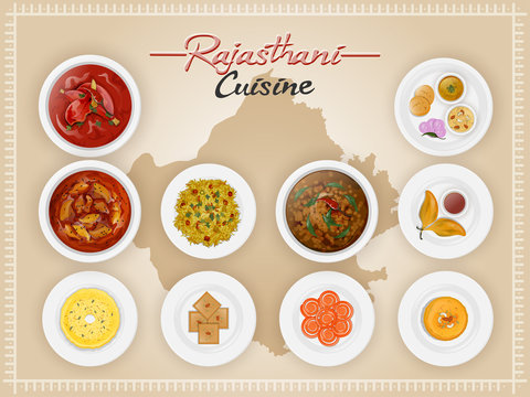 Top view of Rajasthani cuisine set with illustration of brown state map.