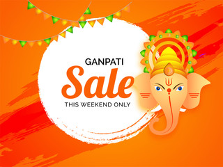 Ganpati Sale poster or banner design with Lord Ganesha face on orange brush stroke background for Indian festival celebration concept.