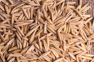Composition of a heap of dried oat seeds on textured background
