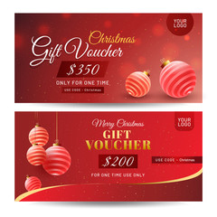 Elegant christmas gift voucher with different discount value and realistic baubles decorated on glossy red background.