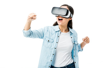woman in denim shirt with virtual reality headset showing yes gesture isolated on white