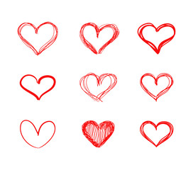 Vector Hand Drawn Hearts, Red Scribble Lines, Drawings Set Isolated on White Background, Doodle.
