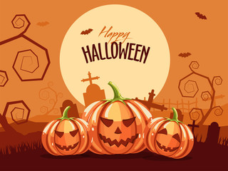 Happy Halloween full moon background with scary pumpkins. Vintage style greeting card design.